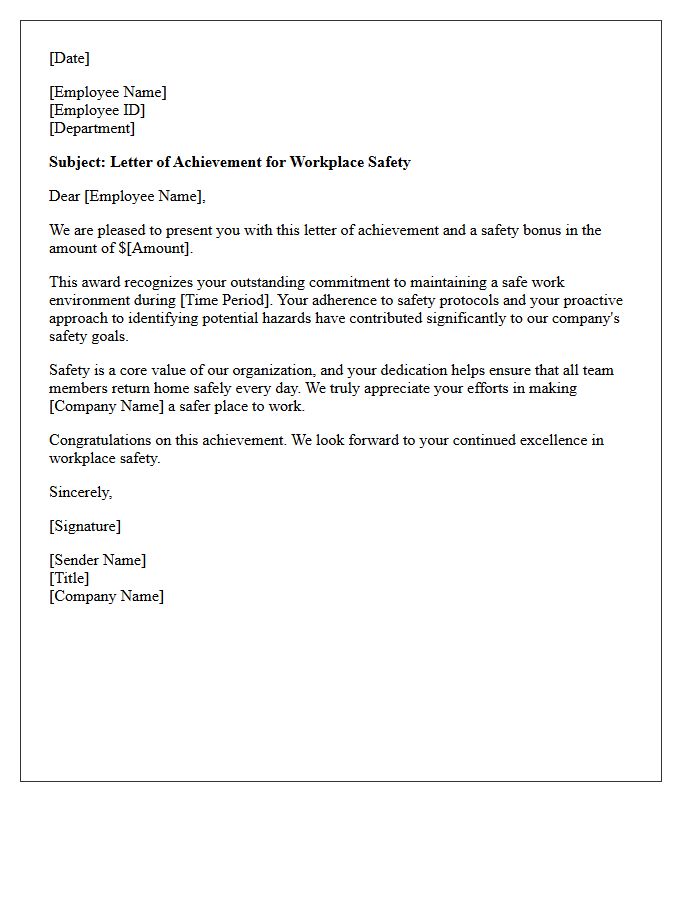 Letter of Achievement for Workplace Safety Bonus