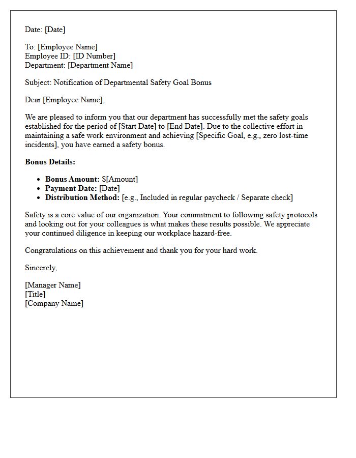 Departmental Safety Goal Bonus Distribution Letter