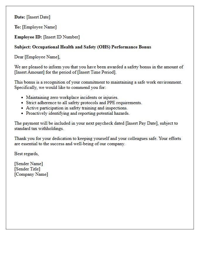 Occupational Health and Safety Bonus Letter