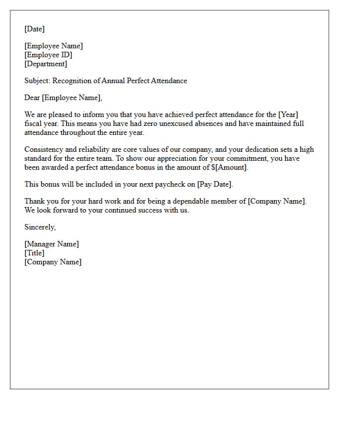 Annual Perfect Attendance Bonus Letter