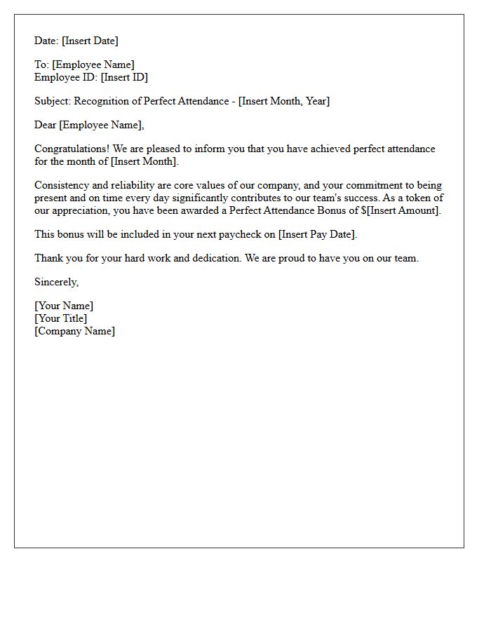 Monthly Perfect Attendance Bonus Letter