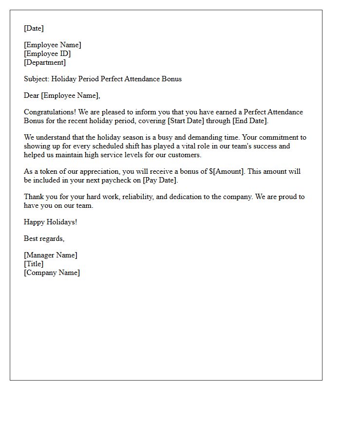 Holiday Period Perfect Attendance Bonus Letter