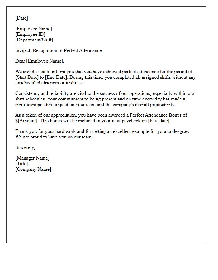 Shift Employee Perfect Attendance Bonus Letter