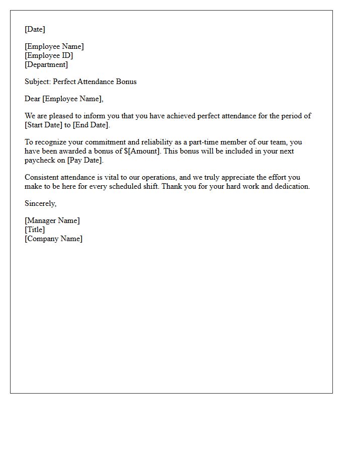 Part Time Staff Perfect Attendance Bonus Letter