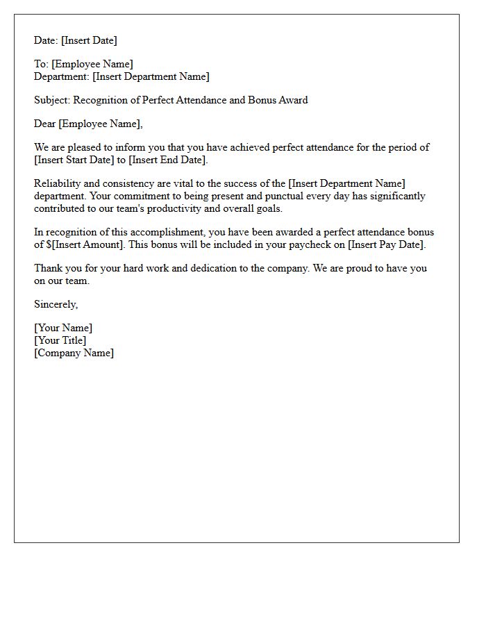 Departmental Perfect Attendance Bonus Letter