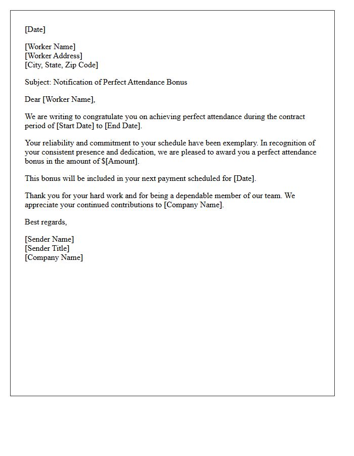 Contract Worker Perfect Attendance Bonus Letter