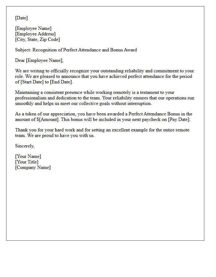 Remote Staff Perfect Attendance Bonus Letter