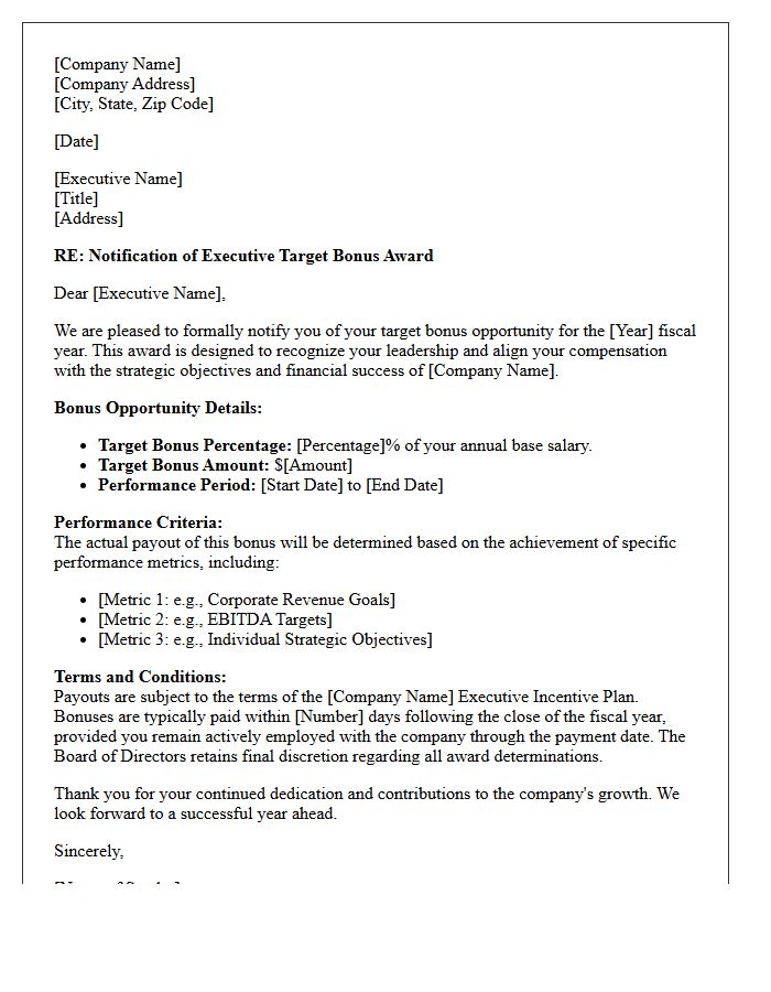 Executive Target Bonus Award Letter
