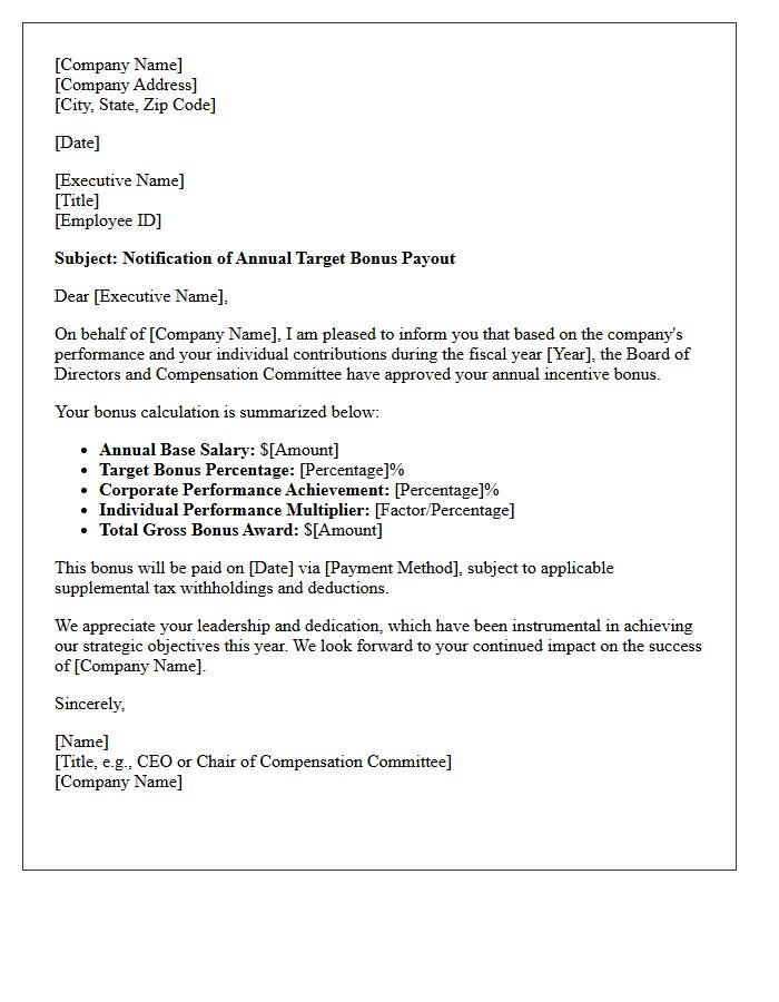 Executive Target Bonus Payout Notification Letter