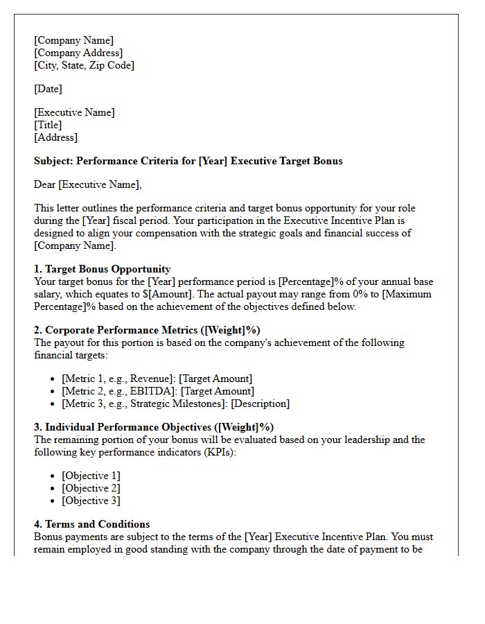Executive Target Bonus Performance Criteria Letter