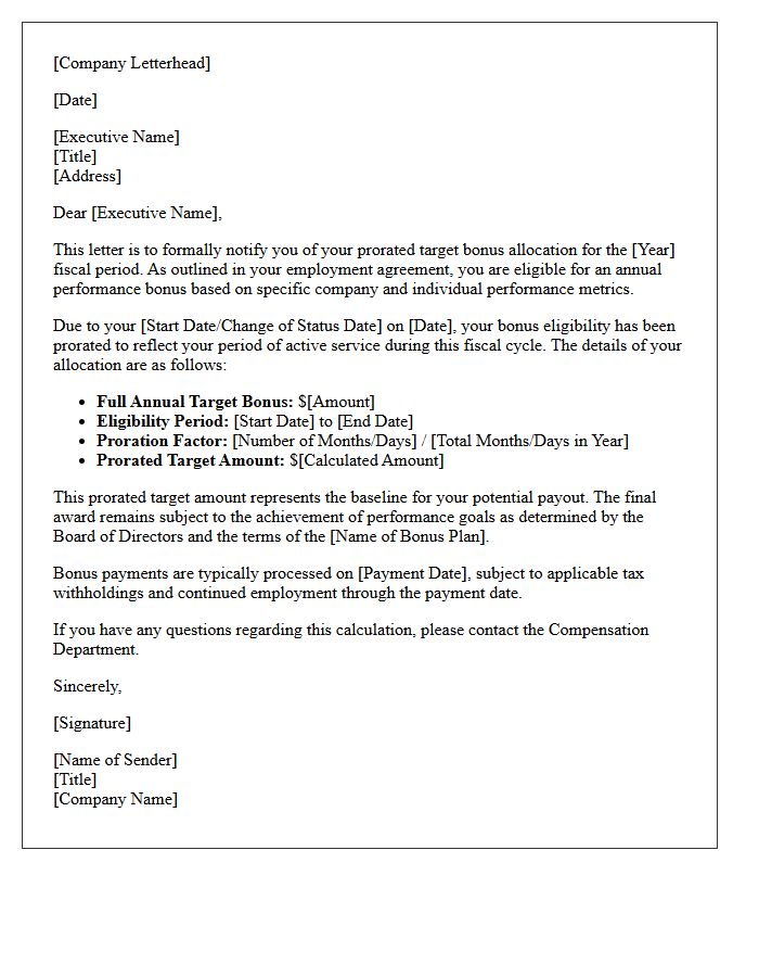 Prorated Executive Target Bonus Allocation Letter