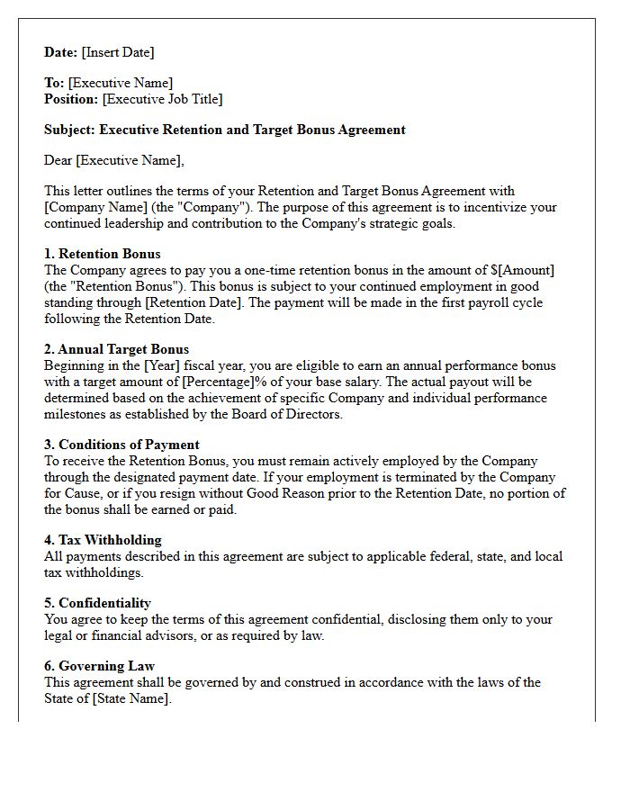 Executive Retention and Target Bonus Agreement Letter
