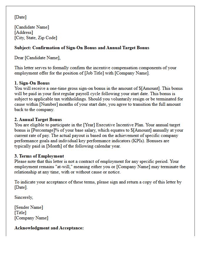 Executive Sign-On and Target Bonus Confirmation Letter