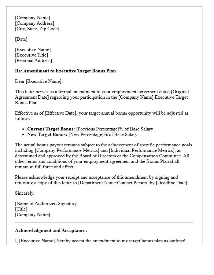 Executive Target Bonus Plan Amendment Letter