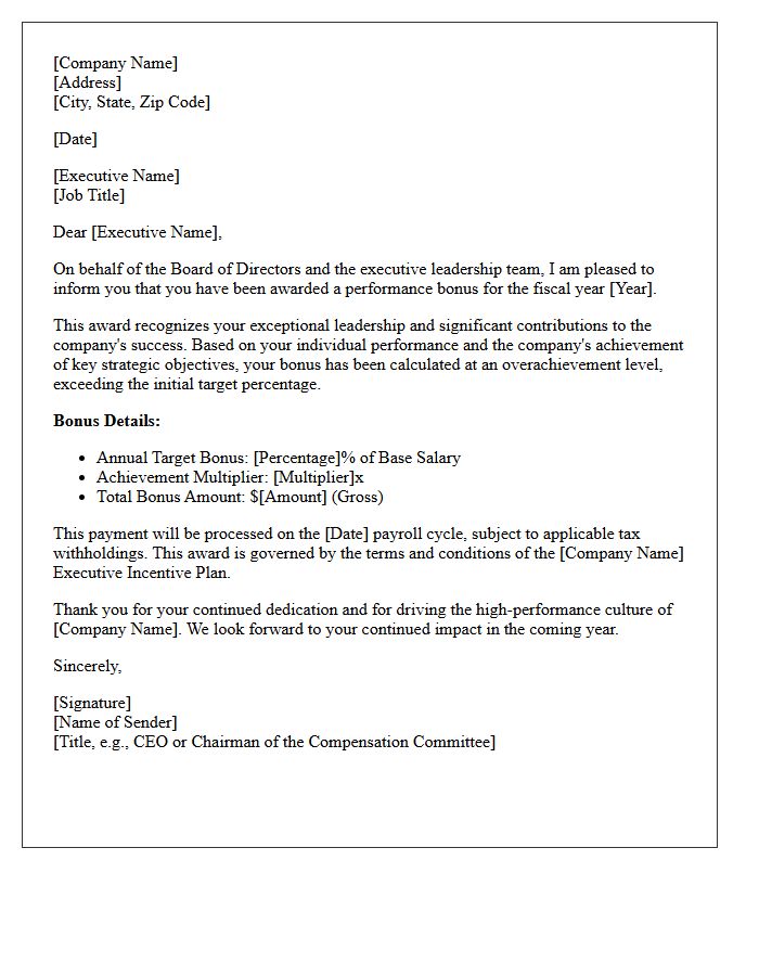 Executive Target Bonus Overachievement Award Letter