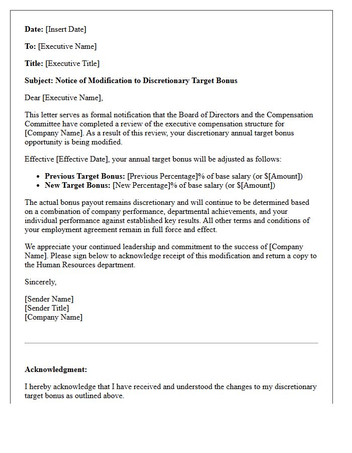 Discretionary Executive Target Bonus Modification Letter