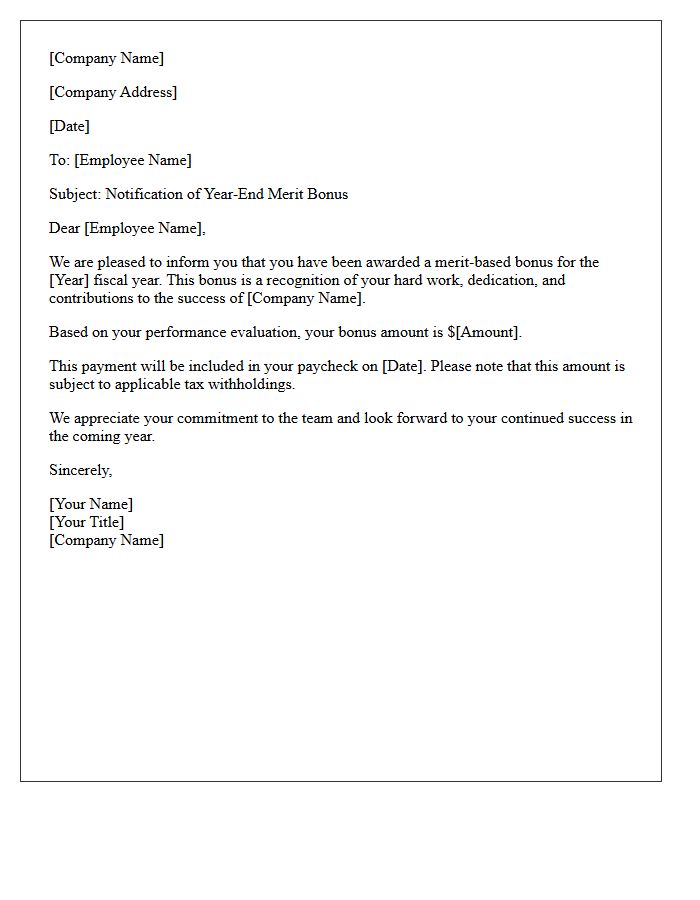 Standard Employee Year-End Merit Bonus Letter