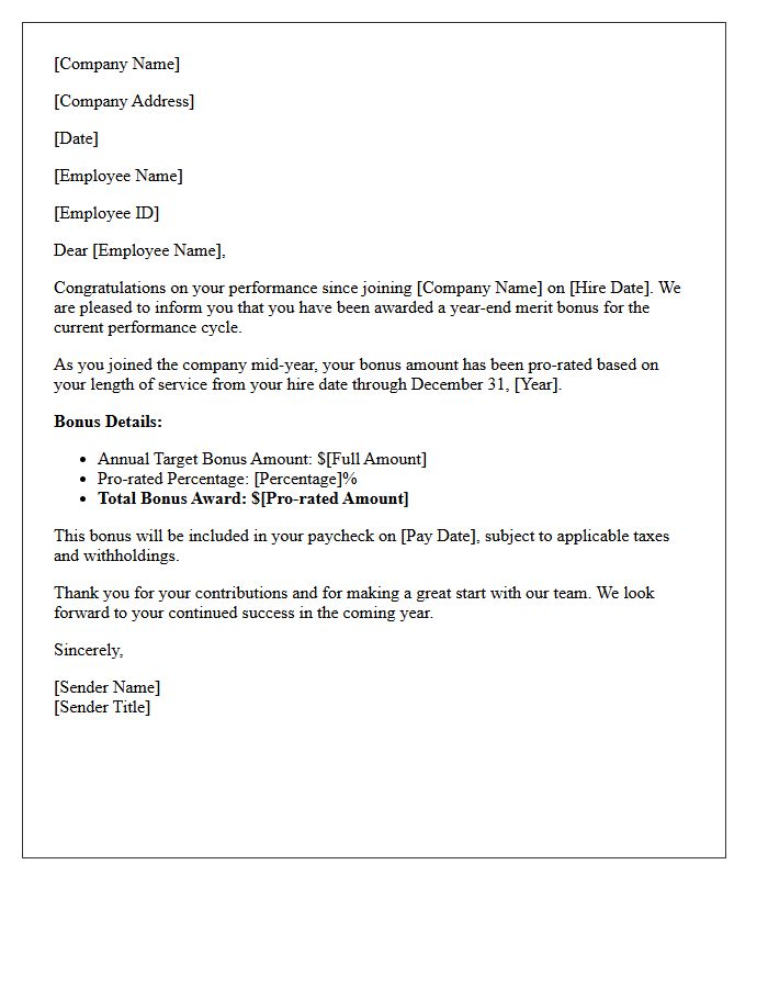 Pro-Rated New Hire Year-End Merit Bonus Letter