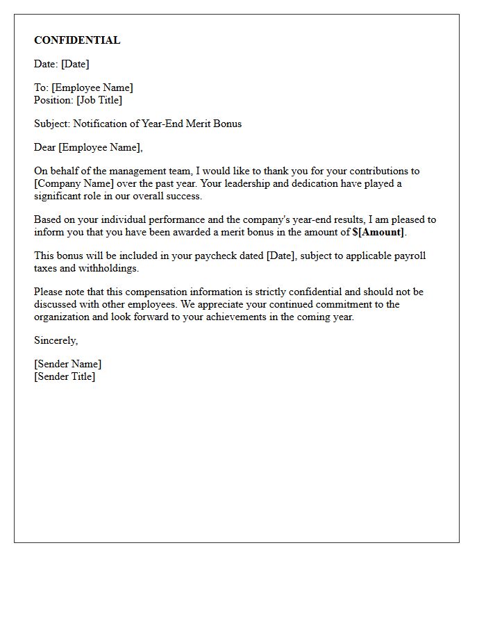 Confidential Management Year-End Merit Bonus Letter