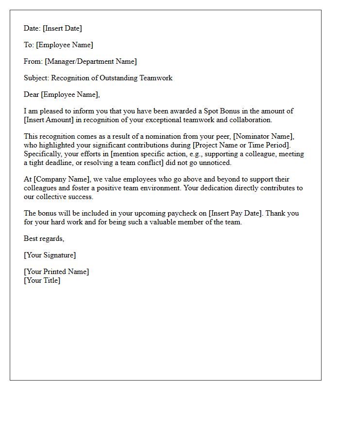 Outstanding Teamwork Peer Recognition Spot Bonus Letter