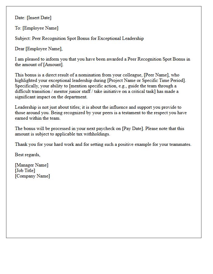 Exceptional Leadership Peer Recognition Spot Bonus Letter