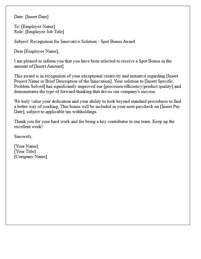 Innovative Solution Spot Bonus Award Letter