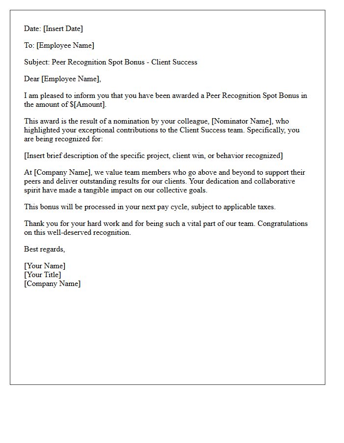 Client Success Peer Recognition Spot Bonus Letter