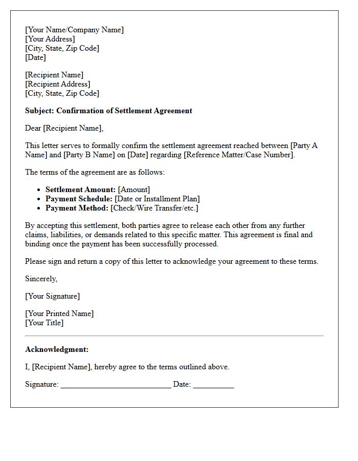 Settlement Agreement Confirmation Letter