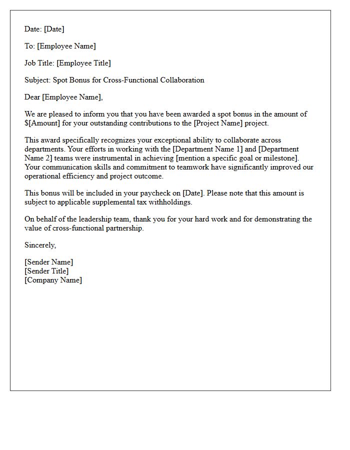 Cross-Functional Collaboration Spot Bonus Letter