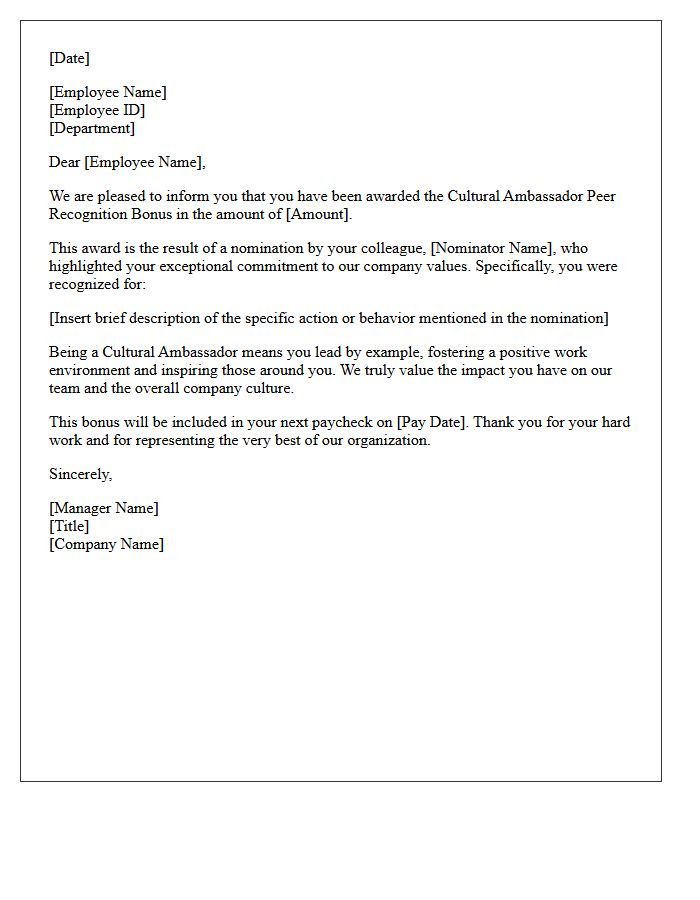 Cultural Ambassador Peer Recognition Bonus Letter