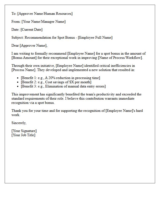 Process Improvement Spot Bonus Recommendation Letter