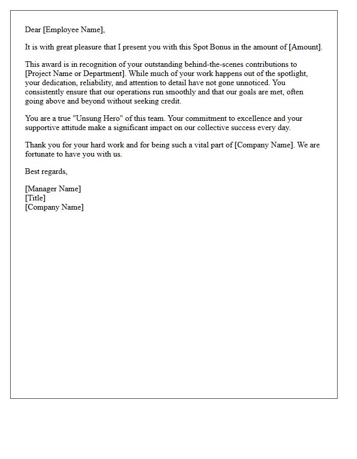 Unsung Hero Spot Bonus Appreciation Letter