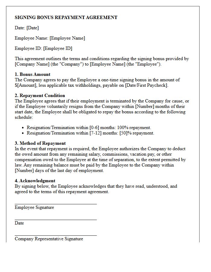 Standard Signing Bonus Repayment Agreement Letter