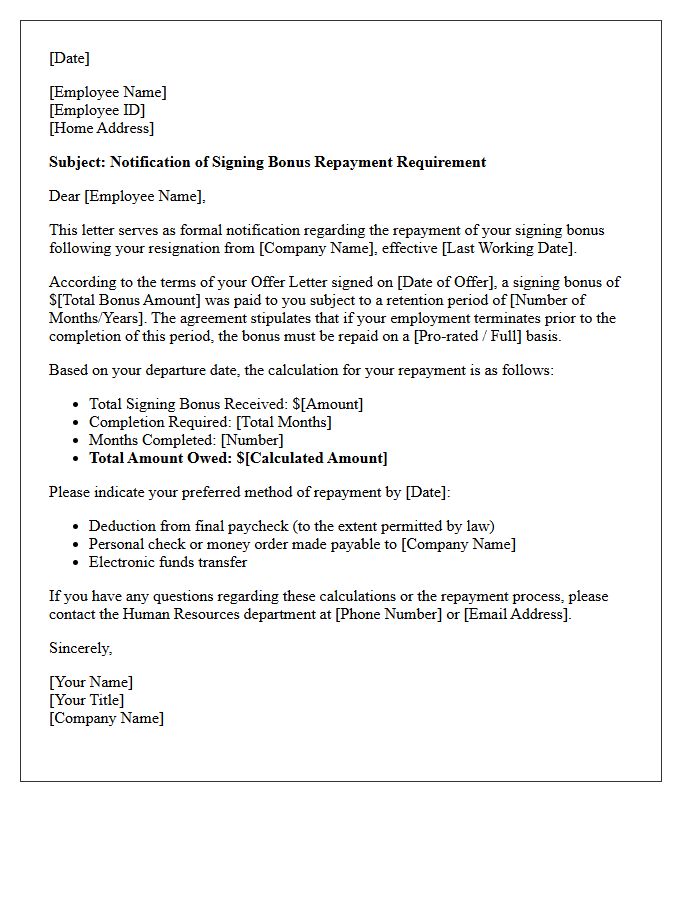 Employee Resignation Signing Bonus Repayment Notification Letter