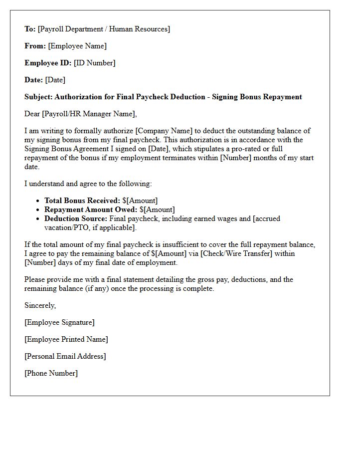 Final Paycheck Deduction Authorization for Signing Bonus Repayment Letter