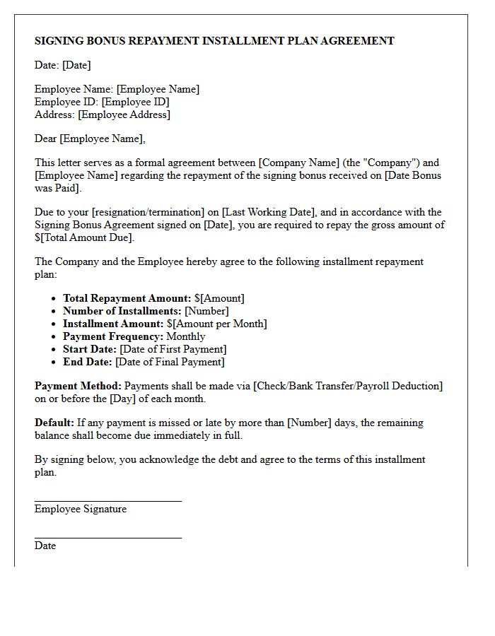 Signing Bonus Repayment Installment Plan Agreement Letter