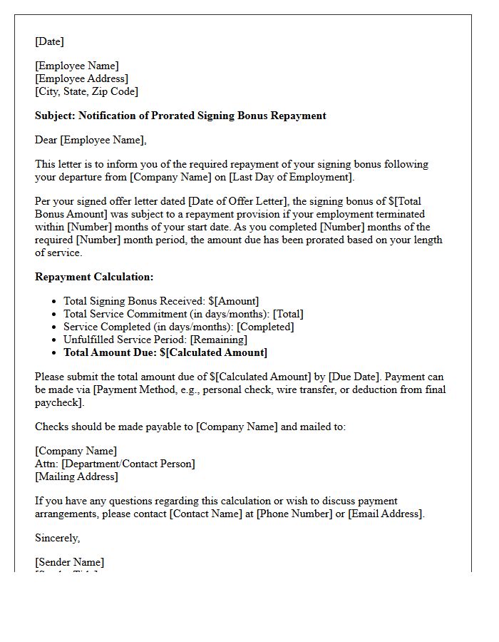 Prorated Signing Bonus Repayment Calculation Letter