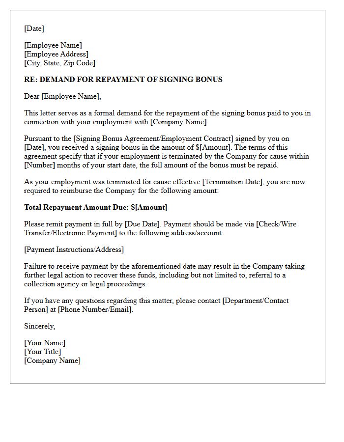 Involuntary Termination Signing Bonus Repayment Demand Letter