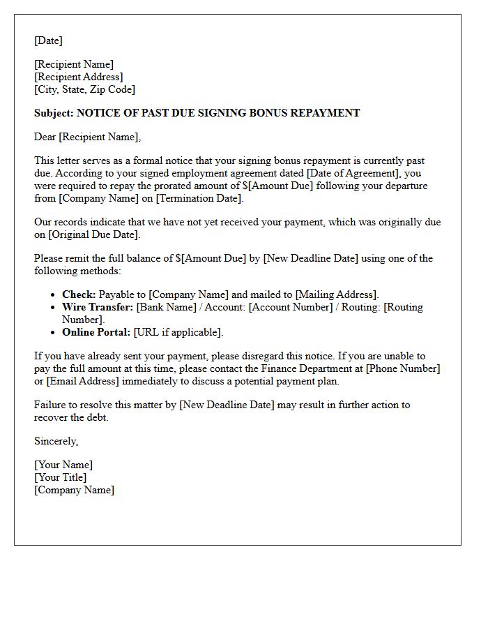 Past Due Signing Bonus Repayment Collection Letter