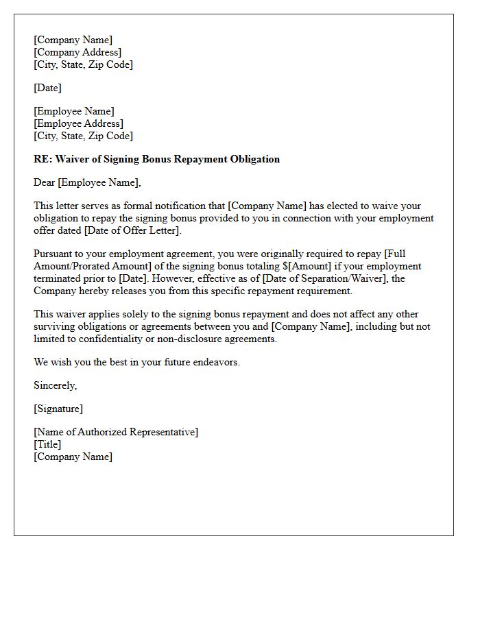 Signing Bonus Repayment Obligation Waiver Letter