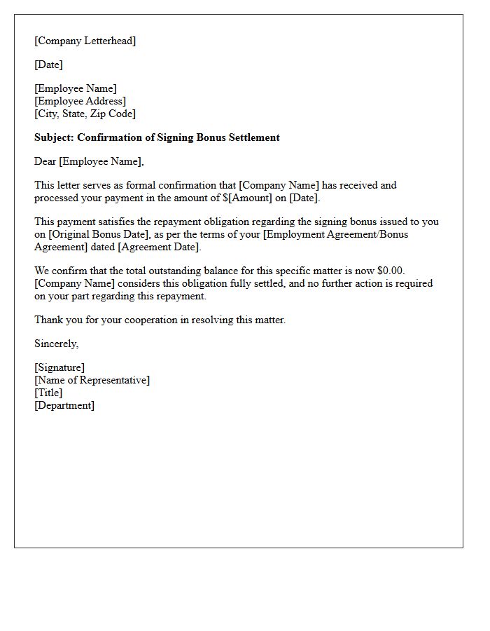 Successful Signing Bonus Repayment Settlement Confirmation Letter