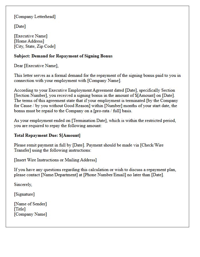 Executive Compensation Signing Bonus Repayment Letter