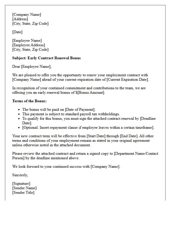 Standard Early Contract Renewal Bonus Letter