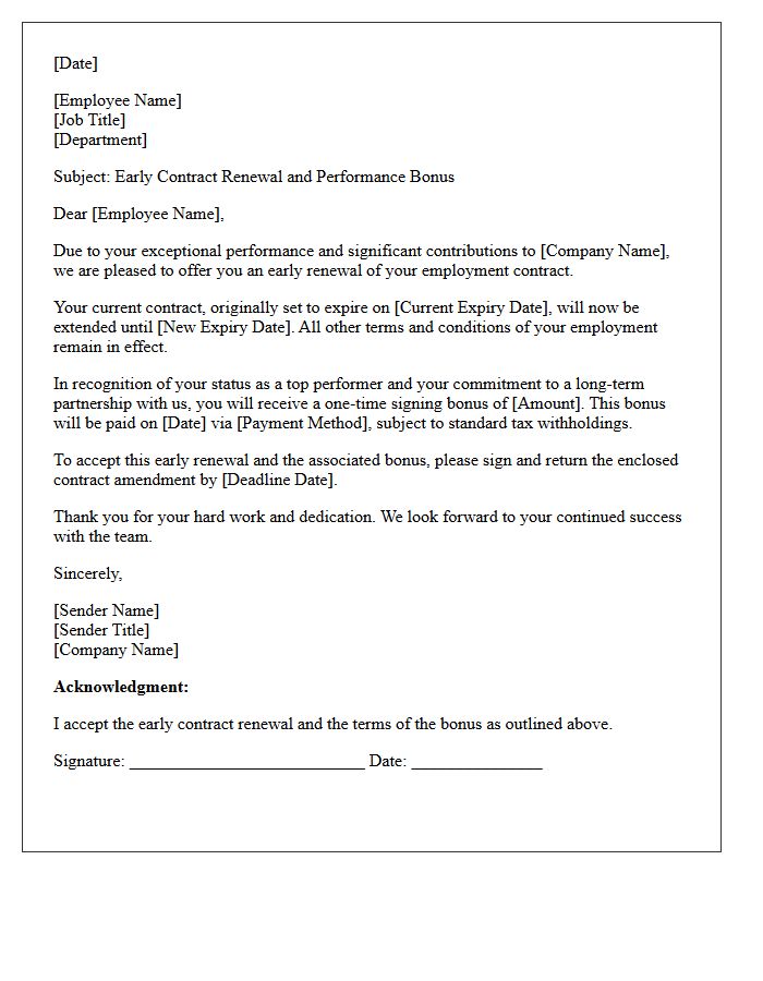 Top Performer Early Contract Renewal Bonus Letter