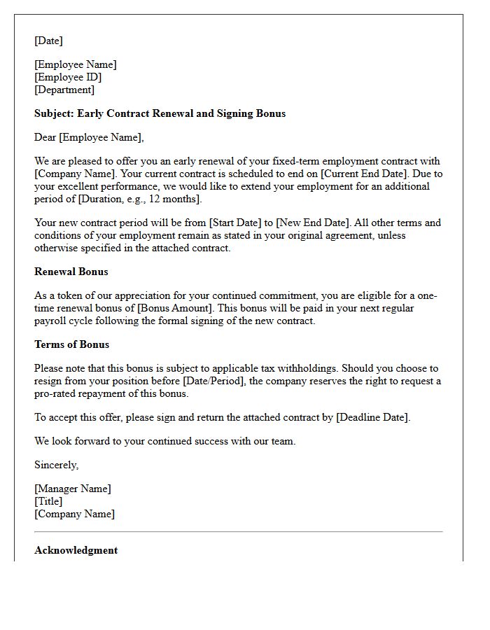 Fixed-Term Employee Early Contract Renewal Bonus Letter