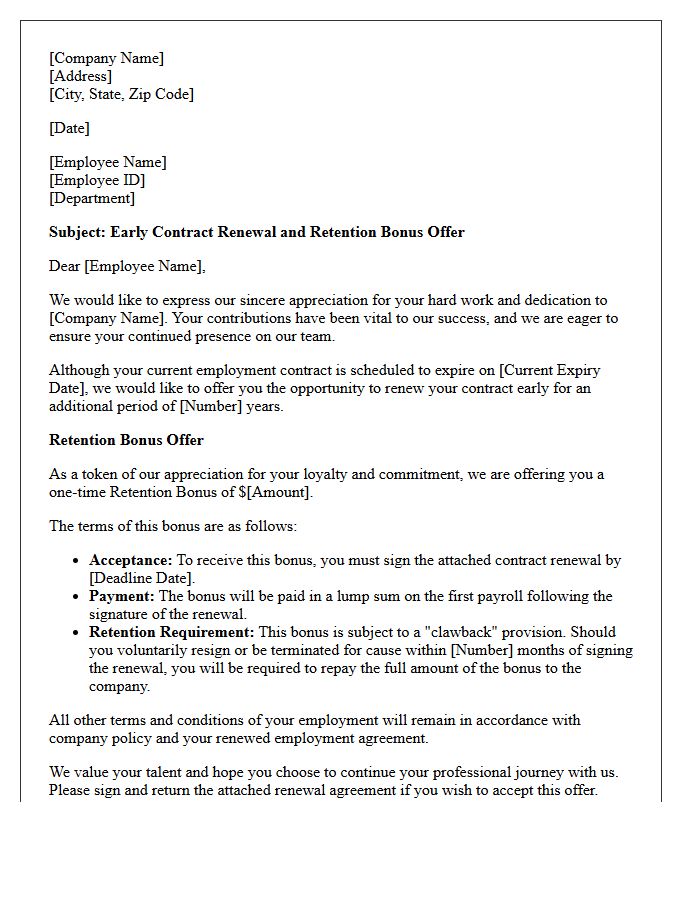 Employee Retention Early Contract Renewal Bonus Letter