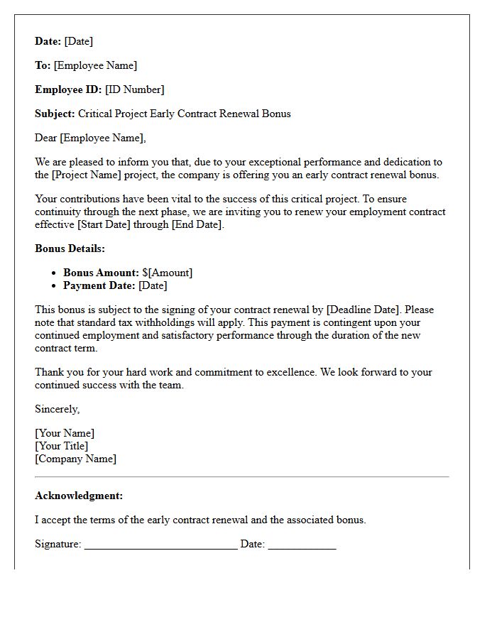 Critical Project Early Contract Renewal Bonus Letter