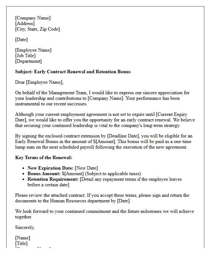 Management Team Early Contract Renewal Bonus Letter