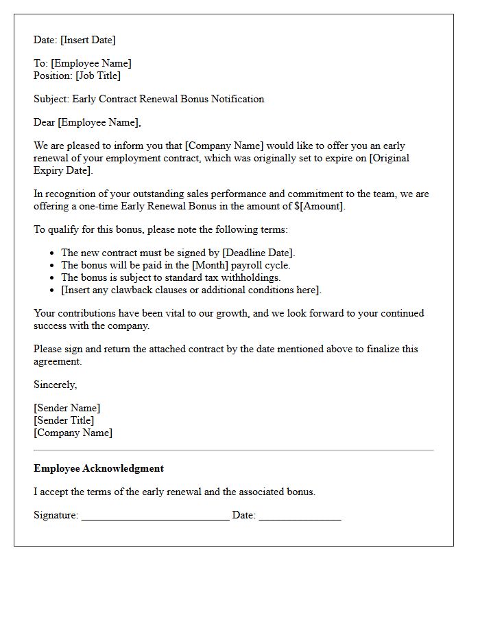 Sales Professional Early Contract Renewal Bonus Letter