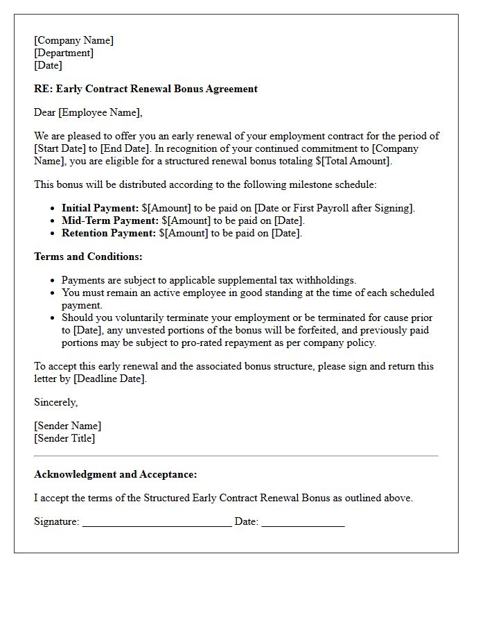 Structured Payout Early Contract Renewal Bonus Letter
